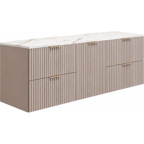 Meuble sous-vasque suspendu 160 cm, 4 tiroirs, 1 porte, fermeture douce, panier à linge, Cachemire / Plan marbre, poignées dorées, 160 x 46 x 57 cm (1/5)