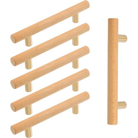 Poignées de tiroir en bois de hêtre – Entraxe de 96 mm (3,78 po), longueur totale de 5,9 po – Lot de 6 poignées pour portes de cuisine, armoires et placards, avec vis de fixation