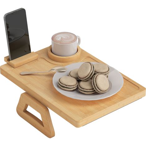 Plateau pliable en bambou pour accoudoir de canapé, avec porte-gobelet amovible et support téléphone pivotant