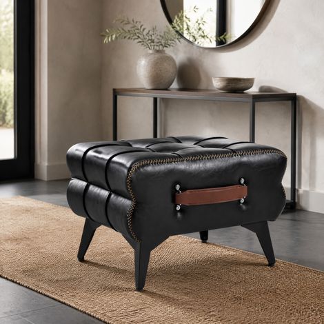 Taburete auxiliar de polipiel negro con patas de acero, 43 x 33 x 30 cm, DESVIAE (1/5)