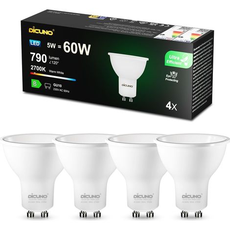 Ampoule LED GU10, 5W Équiv. 60W, 790lm, 2700K, Classe B, Lot de 4 Blanc chaud, Faisceau 110° , Non-dimmable, Spot LED GU10 basse consommation pour spots encastrables, plafonniers et vitrines (1/5)