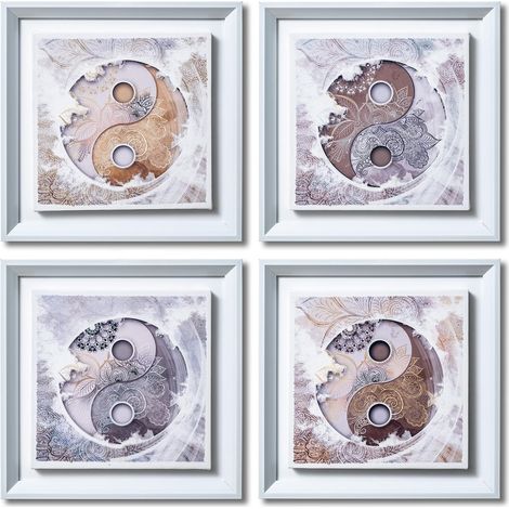 Tableau Decoration Murale Salon YING YANG MANDALA 30 x 30 cm x 4 pièces - Set de tableau avec cadre blanc. (1/5)