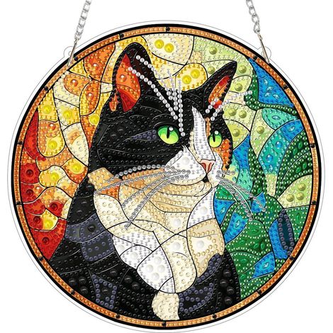 Pendentif Diamond Painting Chat avec chaîne, kit de bricolage pour fenêtre, décoration murale (1/4)