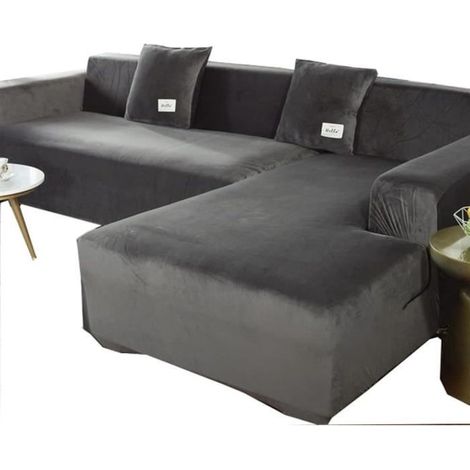 Housses de canapé 4 places d'angle en velours,YSTP housse de canapé en forme de L pour le salon, antidérapante,235-300cm,gris (1/4)