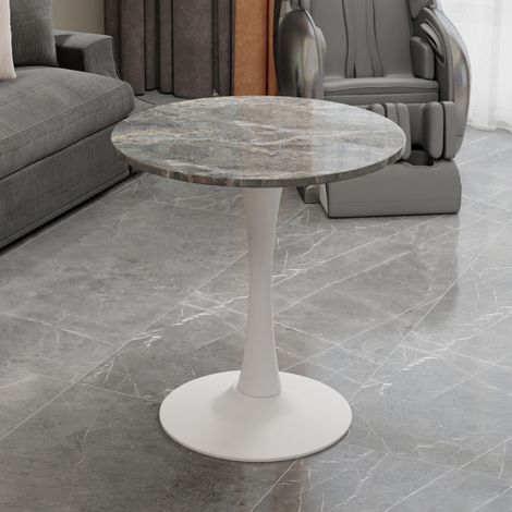 Table basse blanche de 70 cm (27,6 pouces), table à manger de style moderne du milieu du siècle, convenant à 2-4 personnes, dotée d'un plateau rond en marbre avec une finition veinée gris foncé, parfa