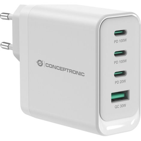 CONCEPTRONIC ALTHEA22W100 Cargador USB PD GaN de 4 puertos y 100 W, USB-C x 3, USB-A x 1, QC 3.0, PPS, PD 3.0