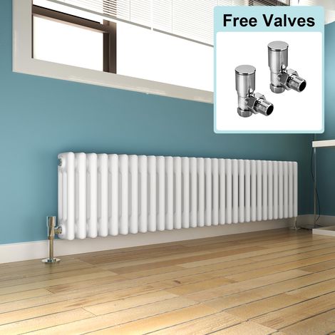 ELEGANT 300 x 1415 mm Traditional Radiator Cast Iron Style Horizontal Radiator White Triple Horizontal Column Radiators + Angled Radiator Valves (1/5)