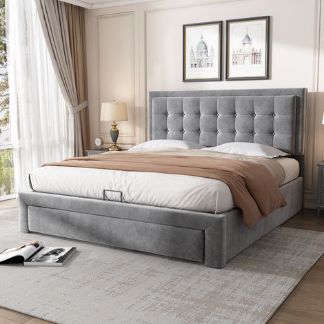 Letto contenitore matrimoniale per adulto con 2 cassetti, base in legno, velluto - 140 x 200 cm, grigio (1/5)