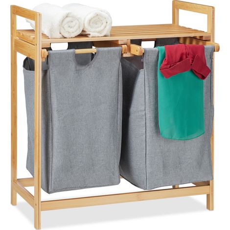 Relaxdays Wäschekorb mit Ablage, 2 Fächer, 2x 30 l Wäschesäcke, Bambus Ausziehwäschekorb HBT 73 x 64 x 33 cm, natur/grau