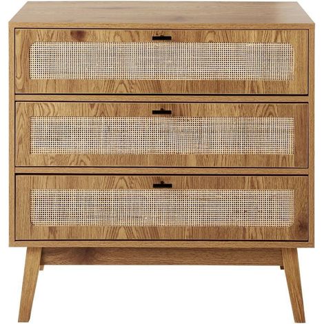 Cassettiera con 3 cassetti, frontali in rattan e gambe in legno, L80 cm - ALIA