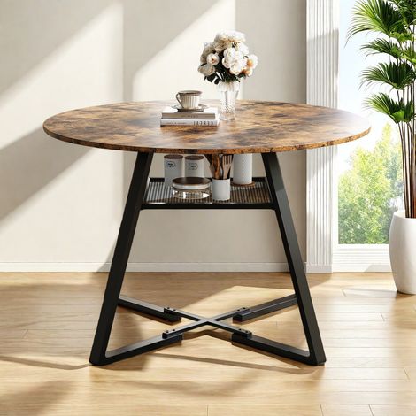 Table ronde 120 cm pour 4 à 6 personnes - Hauteur 75 cm - Plateau en MDF et Métal - Design industriel - Cuisine/Salon - Marron