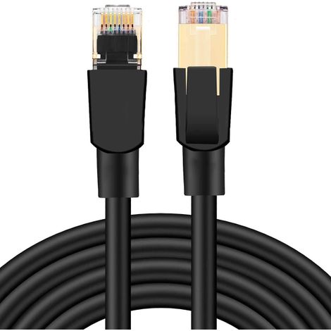 Câble Ethernet Cat 8, cordon de brassage 26 AWG 40 Gbit/s 2000 MHz, câble réseau LAN Cat8 RJ45 haute vitesse et robuste - installation murale extérieure, résistant aux intempéries, pour routeur et mod (1/5)