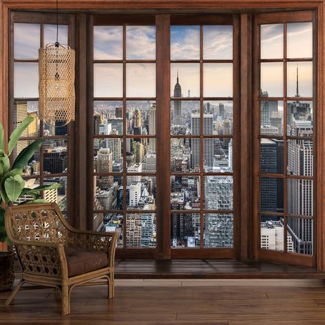 Papier peint panoramique Trompe l'oeil Fenêtre en bois - New York - 130 cm x 104 cm (1/5)
