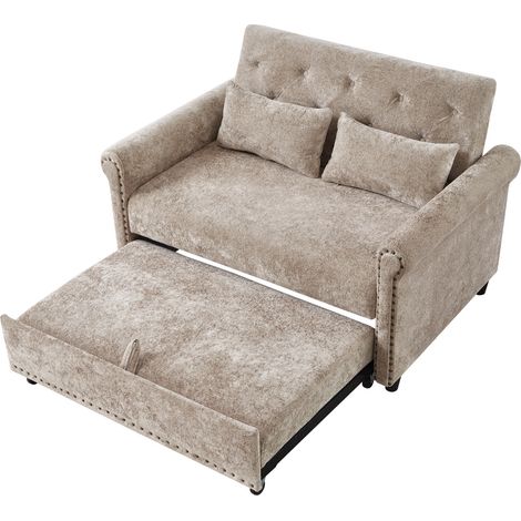 Divano letto 3 in 1 in ciniglia, 2 posti, schienale reclinabile, 2 cuscini, marrone grigio (1/5)