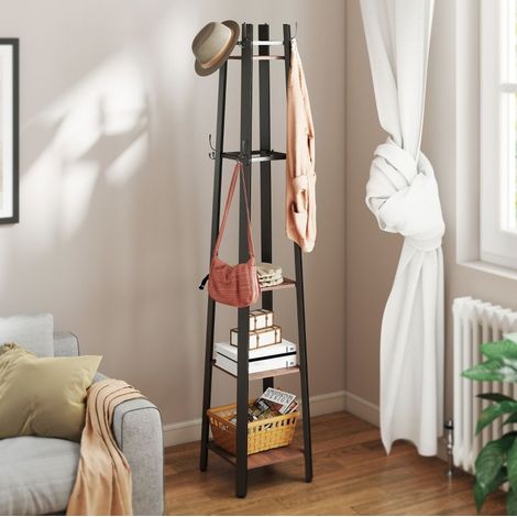 Appendiabiti 34.8x34.8x179 cm, 8 ganci e 4 ripiani, stile industriale, metallo e legno, marrone (1/5)