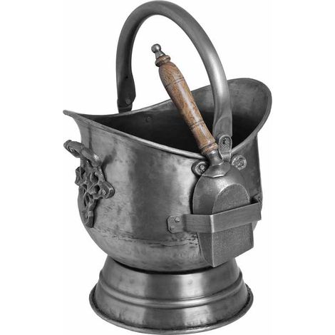 Antique Pewter Coal Bucket with Shovel - Steel/Wood - L28 x W30 x H44 cm - Brown/Silver