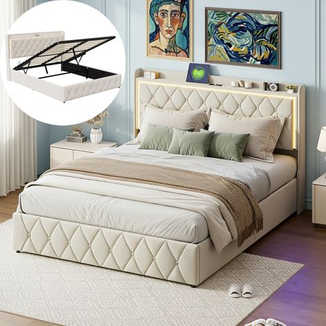Nmonet – Lit coffre 140x190 cm – Tissu velours beige – 2 ports USB – Bande lumineuse LED – Sommier à lattes – Charge max 300 kg