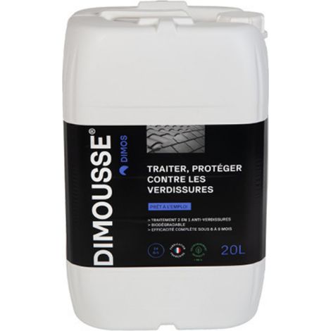 Dimos – Antimousse DIMOUSSE 2.0 prêt à l'emploi – 20 litres – Anti-verdissures pour tuiles, ardoises et pierres naturelles – Biodégradable 98%