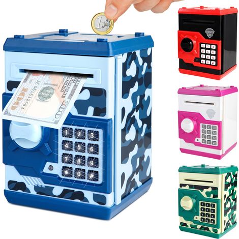Tirelire Électronique ATM pour Enfants de 3+, Cadeau de Noël pour Garçon, Coffre-Fort à Code pour Pièces & Billets(Bleu)
