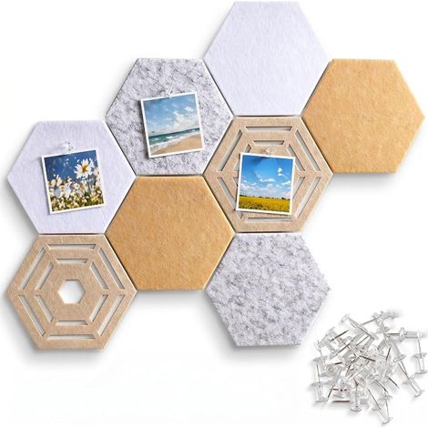 Set of 8 Hexagonal Felt Boards - Self Adhesive Wall Sign Board with 35 Push Pins - Photo Wall Memo Board Acoustic Panel for Office, Bedroom, Home (1/5)