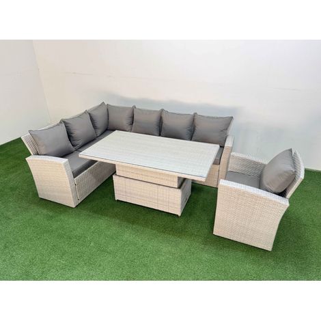 Fimous 7 Seat Rattan Outdoor Garden Furniture Corner Sofa Set Adjustable Lifting Dining or Coffee Table Set with Armchair Light Grey (1/5)