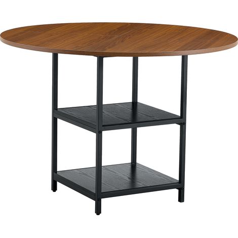 Table à manger ronde 107 cm en MDF aspect noyer avec double étagère et structure métallique noire (1/5)