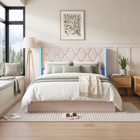 Superaly-Lit Coffre Double Rembourré 160x200 cm, Rangement Hydraulique, Eclairage LED télécommandé, base à 12 lattes, Velours tout compris,Lit Adulte de style nordique Moderne ,Beige (sans Matelas) (1/5)