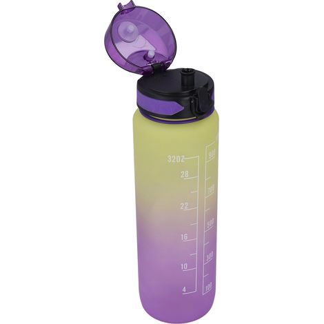 Tragbare 1000-ml-Wasserflasche, getönte und mattierte Sportflasche mit Stoßschutz, Weltraumbecher mit Aufkleber, Trageband, lila Verschluss, getönt (1/5)