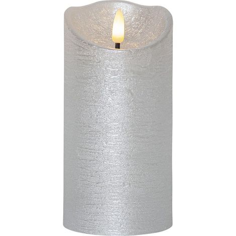 LED Echtwachskerze ,Flamme Rustic' , Batterien, Timer, warmweiß flackernd, silber, H 15cm, Ø 7,5cm