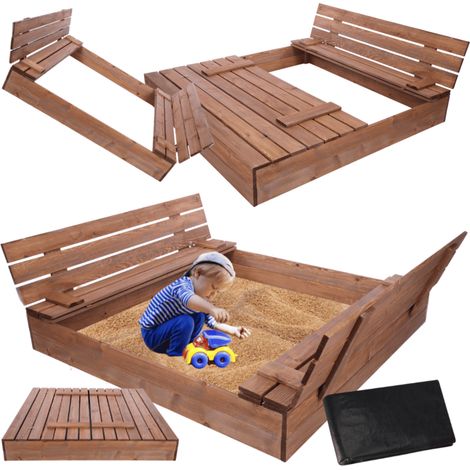 MODO24 Bac à sable en bois de jardin 140x137 cm, couvercle 2-en-1, bancs dossier, agrofibre incluse, marron imprégné