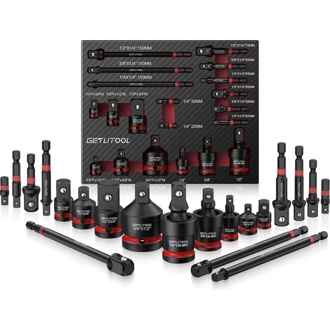Lot de 20 adaptateurs de douille, 11 adaptateurs de clé à douille, 6 adaptateurs de visseuse à percussion, 3 joints de cardan, adaptateur pour outils de percussion Cr-V (1/5)