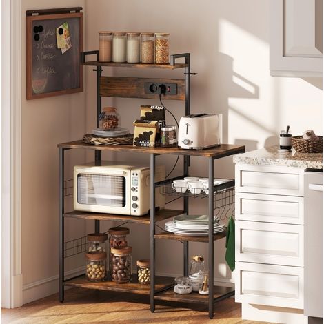 REDOM - Scaffale da cucina 90x42x130 cm, prese integrate, 5 ganci, cestello estraibile, legno, marrone rustico (1/5)