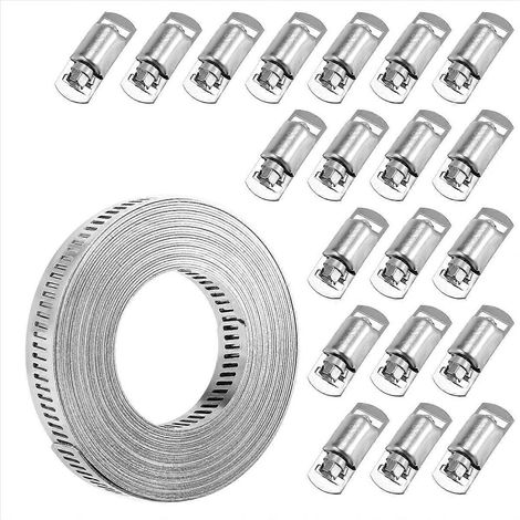 Colliers de serrage pour tuyau, sangle métallique de 6 m + 20 attaches, colliers de serrage en acier inoxydable découpables et réglables, grande taille. (1/5)
