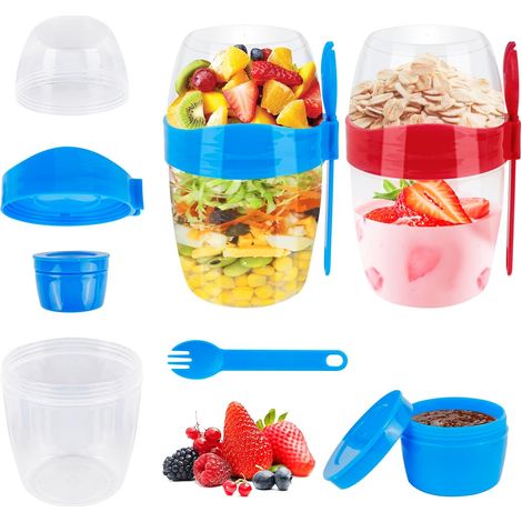 Lot de 2 gobelets à céréales à emporter pour enfants - Avec couvercle cuillère - 310 ml + 560 ml - Pour céréales, yaourt, céréales, vinaigrette, petit-déjeuner - 3 en 1 - Overnight Oats (1/5)