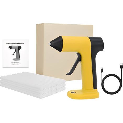 Pistolet à colle chaude sans fil, préchauffage en 30 s, batterie rechargeable 2000 mAh, 30 bâtonnets inclus (jaune)