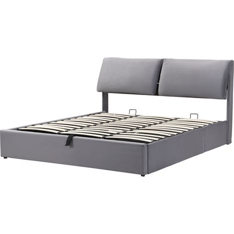 Gepolstertes Bett mit Stauraum 180x200 cm aus grauem Samt, hydraulisch, MODENUIT (1/5)