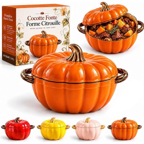 Cocotte Fonte Forme Citrouille, Marmite Citrouille Induction, Cocotte Fonte Émaillée Halloween, Tous Feux Four, Cuisson Homogène, Couvercle Étanche Mijotés (Orange, L-1700ml) (1/5)