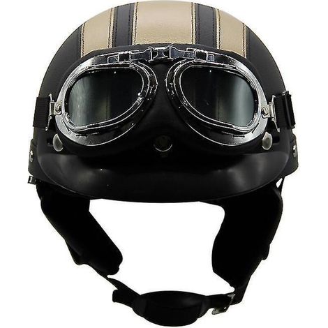Casque de moto d'été léger en cuir style rétro Harley, avec lunettes de protection, demi-casque tendance, pour véhicules électriques, noir et or. (1/3)