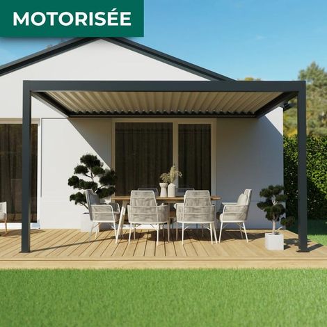 Pergola Bioclimatique Aluminium Adossée Motorisée Éclairée 4x3 Anthracite SV ORIAL France (1/5)