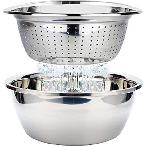 Passoire avec Bol Inox Set Bols à Mélanger Saladier Passoire Métal Préparation de Salades Fruits Pâtes Riz, 26cm (1/5)