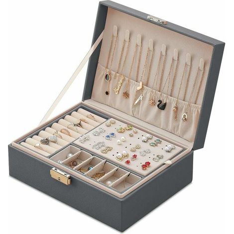 KZQ – Boîte à bijoux en cuir verrouillable – Coffret de voyage 23x17x9 cm – Doublure en velours doux – Organisateur de bijoux compact gris
