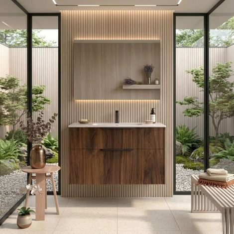 Mobile Bagno Sospeso 100 cm con 2 Cassetti e Lavabo Incluso Noce Maya – Paso