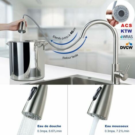 FOREHILL Küchenarmatur, Spültischarmatur aus Edelstahl 304, zwei Wasserauslaufmodi, 360° schwenkbare Spültischarmatur mit Ausziehbrause und zwei 60 cm langen Zulaufschläuchen (1/4)
