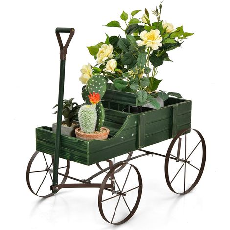COSTWAY Carrito de Madera Para Jardín Maceta Decorativa con Ruedas y 2 Secciones para Plantas, Porta Plantas (Verde) (1/5)