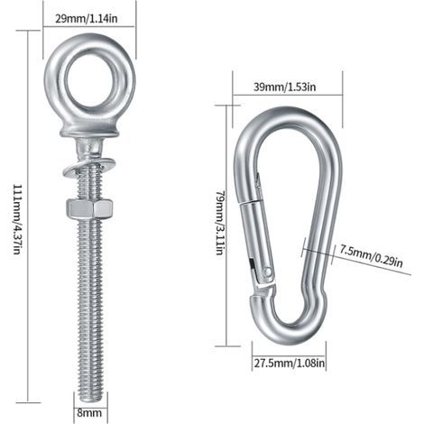 Pieces Lifting Ring M8 x 80 mm Stainless Steel Eye Bolt with Nut and Carabiners for Fixing and Hanging (1/5)