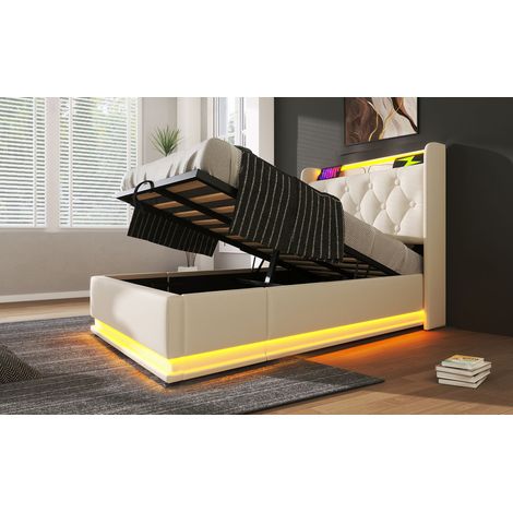 Lit simple rembourré avec fonction LED 360°, commande par bouton / application / télécommande, 90200 cm, blanc, lit coffre hydraulique en PU, tête de lit rembourrée avec charge USB Type-C (sans matela (1/5)