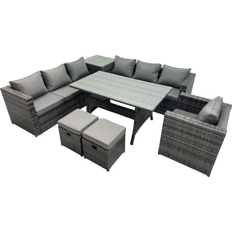 Fimous 9 Seater Outdoor Corner Sofa Chair Dining Table Set Garden Rattan Furniture Set with Side Table 2 Small Stools Dark Grey (1/5)