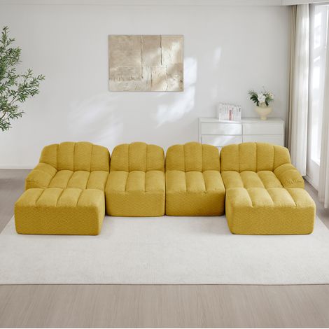 Canapé modulare 4 posti in fleece granulare giallo, configurazione a U con 2 ottomane (1/5)