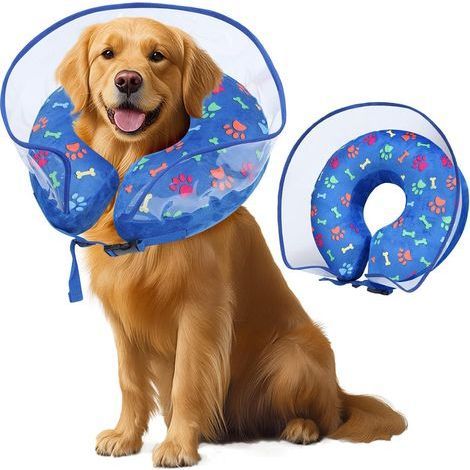 Collerette Chien Gonflable, Collerette Chien Anti Lechage, Collier de Protection pour Chiens et Chats, Collier Amovible de Récupération Chat Cône de Cicatrisation (Bleu, L) (1/5)