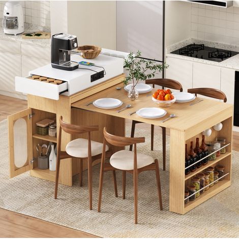 Table extensible MDF und Glas Natur/Weiß 83x46-146,5x96 cm, faltbare Tischplatte mit Steckdosenleiste (1/5)